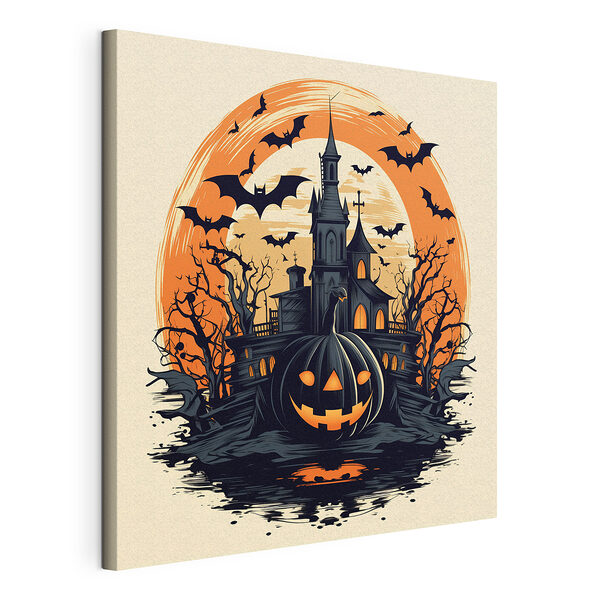 Una zucca e un castello con i pipistrelli Stampa su tela Una zucca e un castello con i pipistrelli
