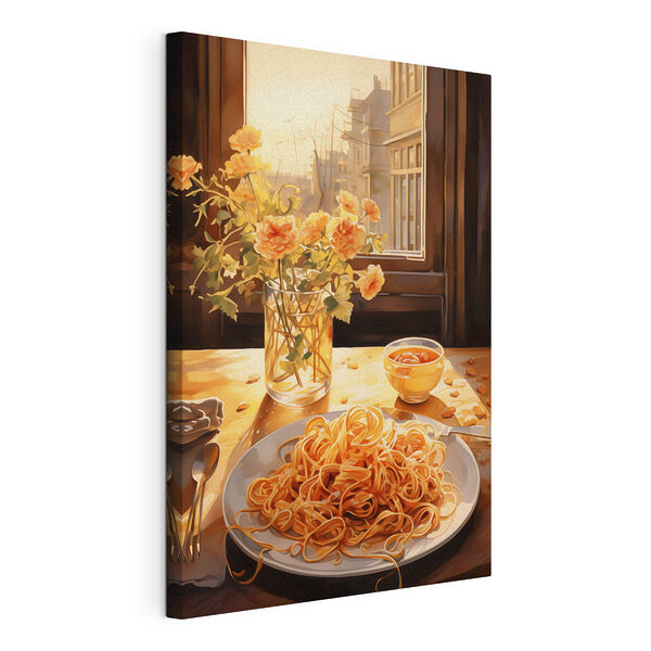 Un piatto di pasta e un vaso di fiori Stampa su tela Un piatto di pasta e un vaso di fiori