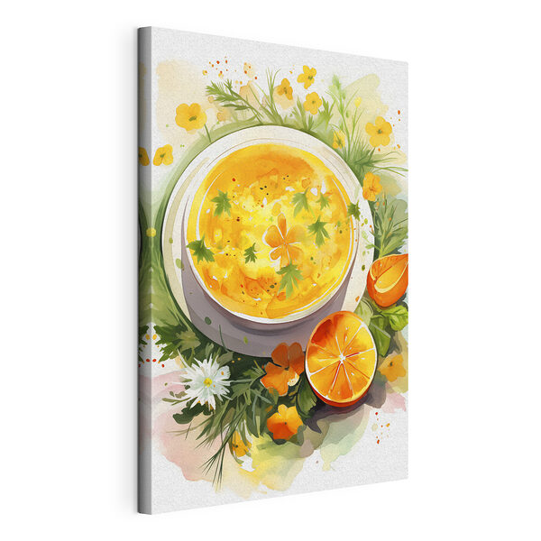 Stampa su tela Ciotola di zuppa all'arancia con fiori e foglie