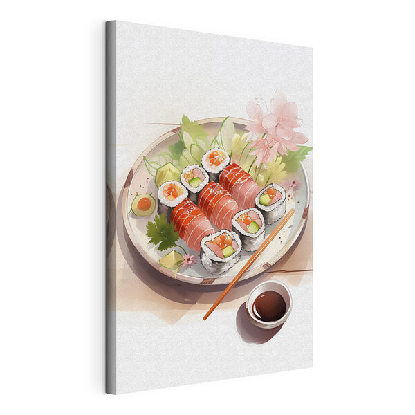 Piatto di sushi con salsa e fiori Stampa su tela Piatto di sushi con salsa e fiori