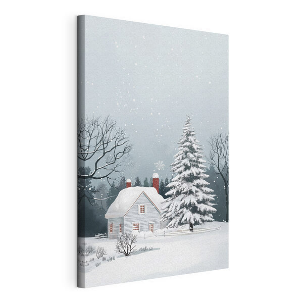 Casa con la neve sul tetto e un albero nella neve Stampa su tela Casa con la neve sul tetto e un albero nella neve