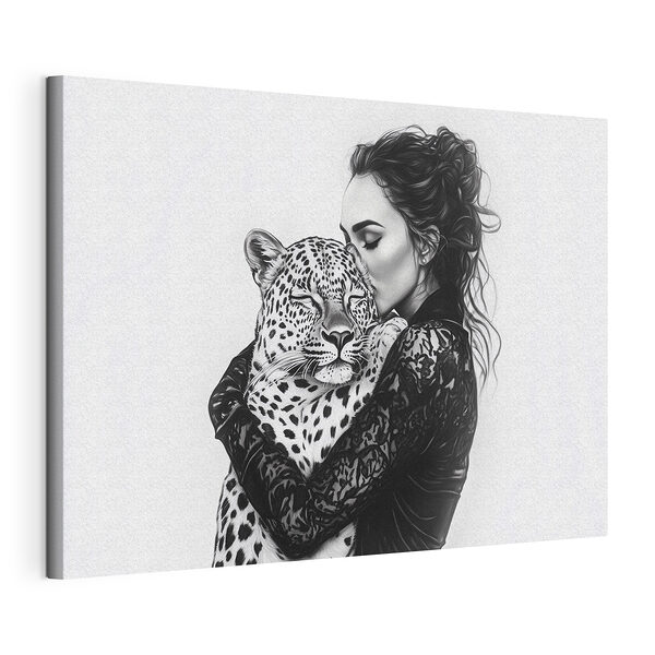 Donna che abbraccia un leopardo Stampa su tela Donna che abbraccia un leopardo
