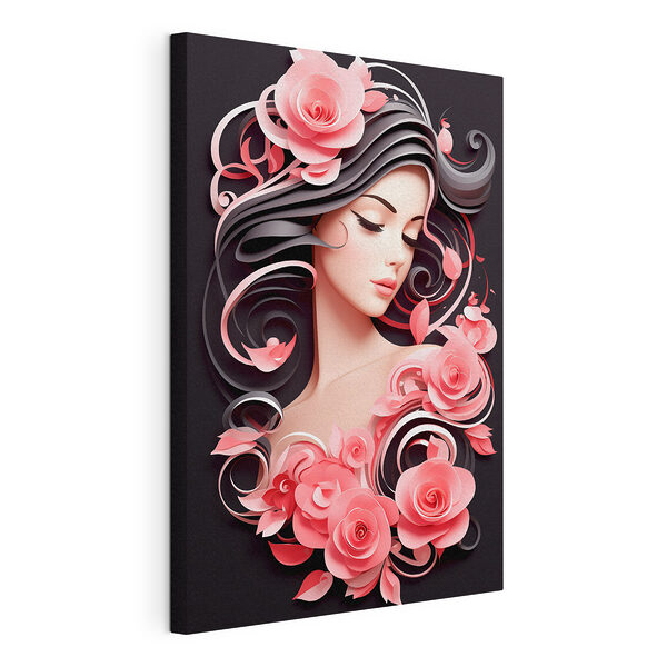 Donna con i capelli lunghi e fiori rosa Stampa su tela Donna con i capelli lunghi e fiori rosa