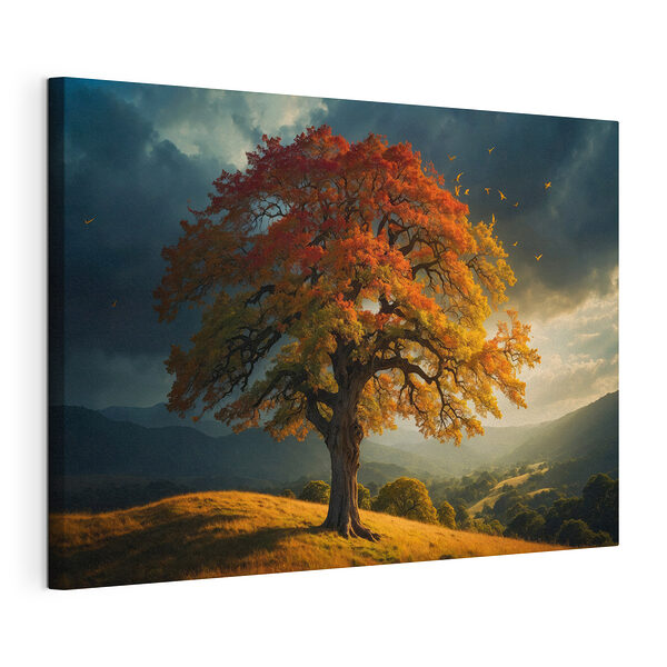 Stampa su tela Albero con foglie arancioni e gialle su una collina