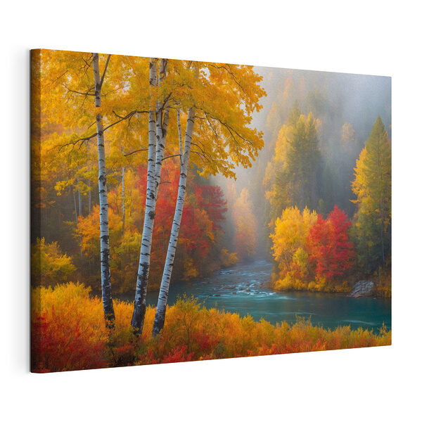 Stampa su tela Fiume con alberi e foglie colorate
