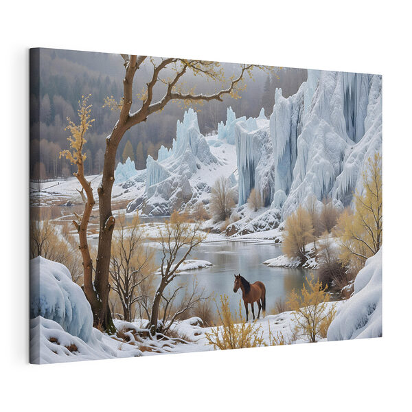Cavallo in piedi sulla neve accanto a uno specchio d'acqua Stampa su tela Cavallo in piedi sulla neve accanto a uno specchio d'acqua