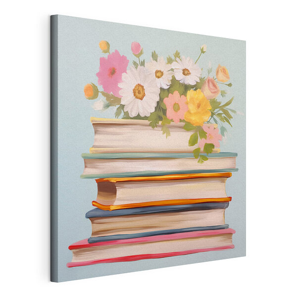 Stampa su tela Dipinto raffigurante una pila di libri con dei fiori sopra