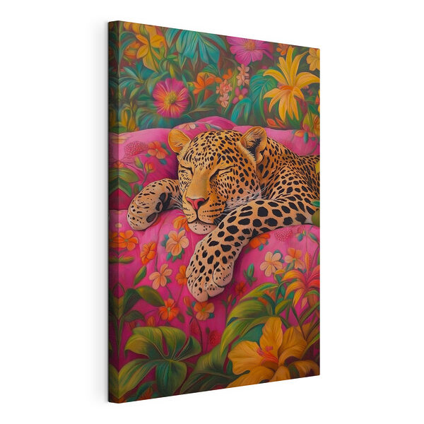 Un leopardo che dorme su un divano rosa Stampa su tela Un leopardo che dorme su un divano rosa