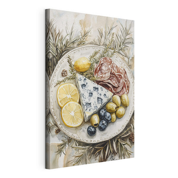 Piatto di cibo con formaggio e olive Stampa su tela Piatto di cibo con formaggio e olive