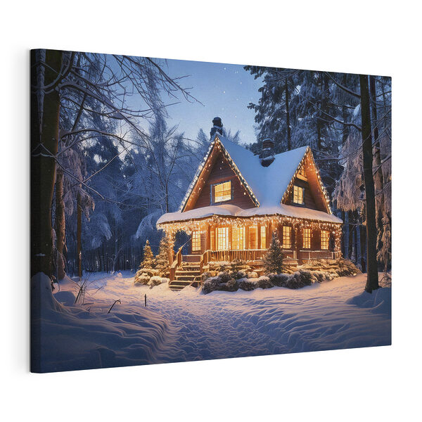 Casa illuminata nella neve Stampa su tela Casa illuminata nella neve