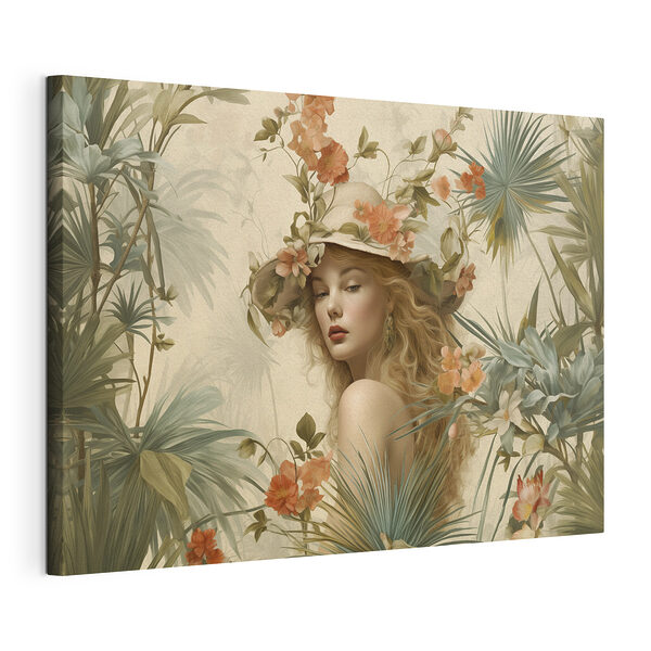 Donna con un cappello circondata da fiori Stampa su tela Donna con un cappello circondata da fiori