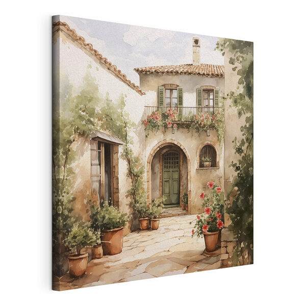Dipinto raffigurante una casa con piante in vaso Stampa su tela Dipinto raffigurante una casa con piante in vaso