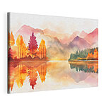Stampa su tela Dipinto ad acquerello raffigurante un lago con alberi e montagne sullo sfondo