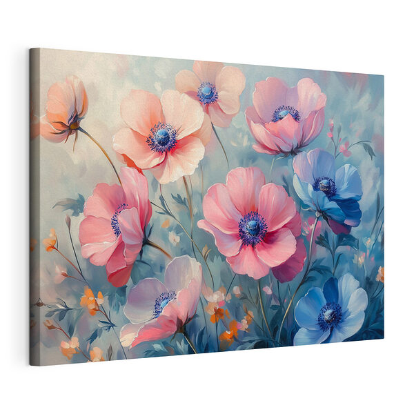 Stampa su tela Dipinto raffigurante dei fiori su sfondo blu