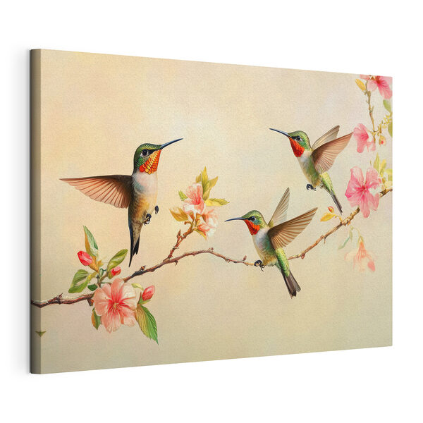 Stampa su tela Gruppo di colibrì su un ramo con dei fiori