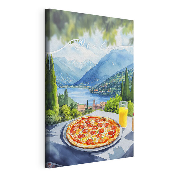 Pizza e succo di frutta su un tavolo circondato da montagne e alberi Stampa su tela Pizza e succo di frutta su un tavolo circondato da montagne e alberi