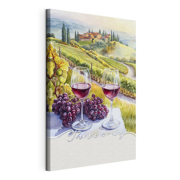Bicchieri da vino e grappoli d'uva su un tavolo Stampa su tela Bicchieri da vino e grappoli d'uva su un tavolo