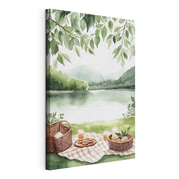 Dipinto ad acquerello raffigurante una coperta da picnic con un cestino e del cibo sopra Stampa su tela Dipinto ad acquerello raffigurante una coperta da picnic con un cestino e del cibo sopra