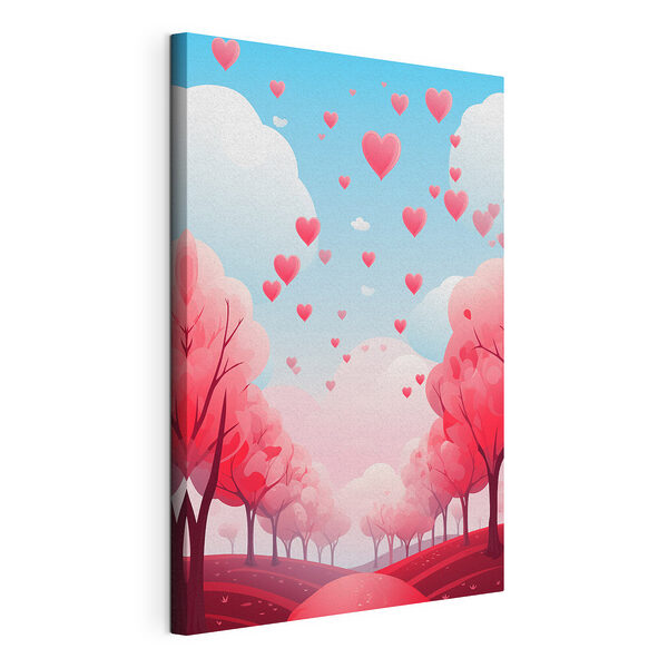 Alberi rosa con cuori che volano nel cielo Stampa su tela Alberi rosa con cuori che volano nel cielo