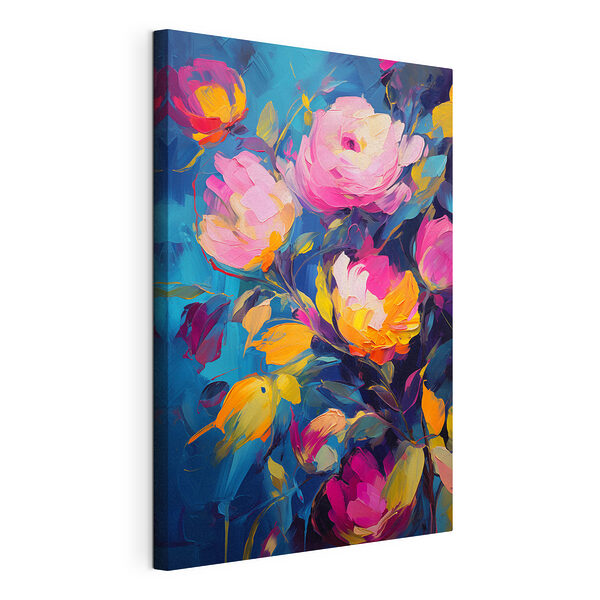 Stampa su tela Dipinto raffigurante dei fiori su sfondo blu