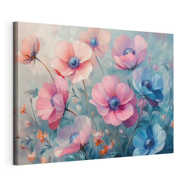 Stampa su tela Dipinto raffigurante dei fiori su sfondo blu