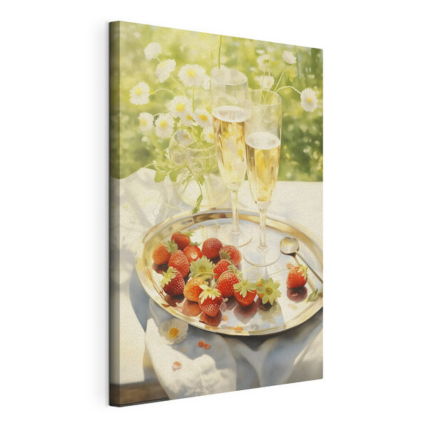 Vassoio con champagne e fragole Stampa su tela Vassoio con champagne e fragole