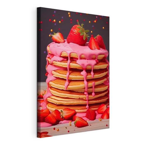 Pila di pancake con glassa rosa e fragole Stampa su tela Pila di pancake con glassa rosa e fragole