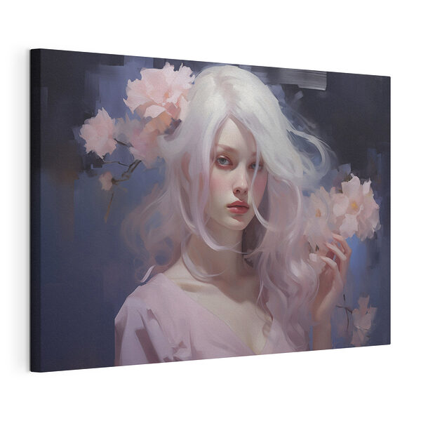 Donna con lunghi capelli bianchi e fiori rosa Stampa su tela Donna con lunghi capelli bianchi e fiori rosa