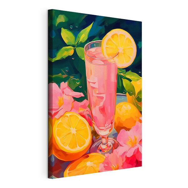 Stampa su tela Bicchiere contenente un liquido rosa con limoni e fiori