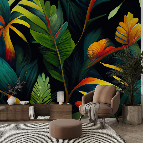 Foglie e fiori tropicali vibranti Carta da parati murale Foglie e fiori tropicali vibranti