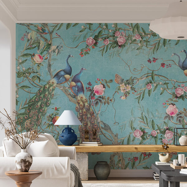Carta da parati murale Pavoni e fiori su sfondo blu