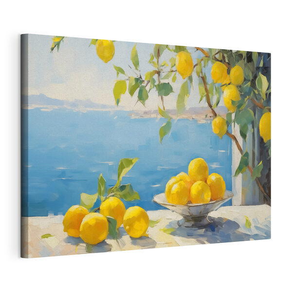 Stampa su tela Ciotola di limoni su un tavolo accanto a un albero