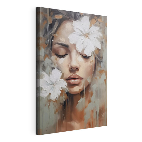 Stampa su tela Dipinto raffigurante una donna con dei fiori bianchi tra i capelli