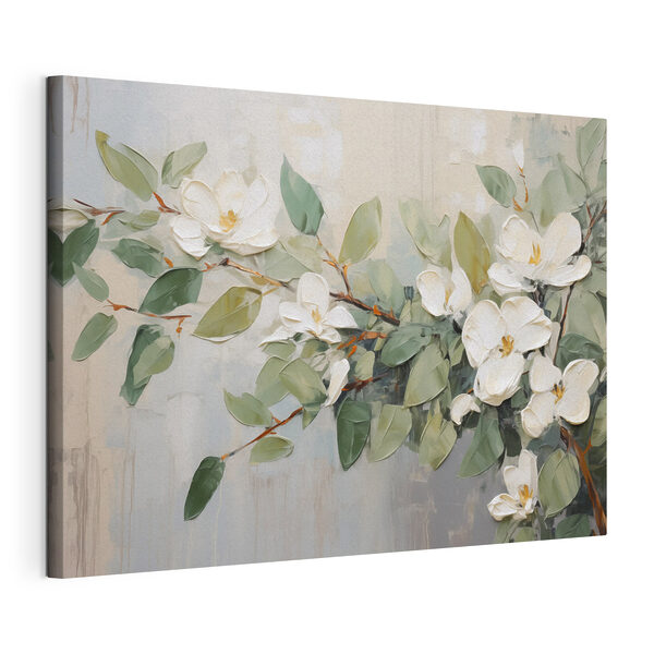 Dipinto raffigurante fiori bianchi e foglie verdi Stampa su tela Dipinto raffigurante fiori bianchi e foglie verdi