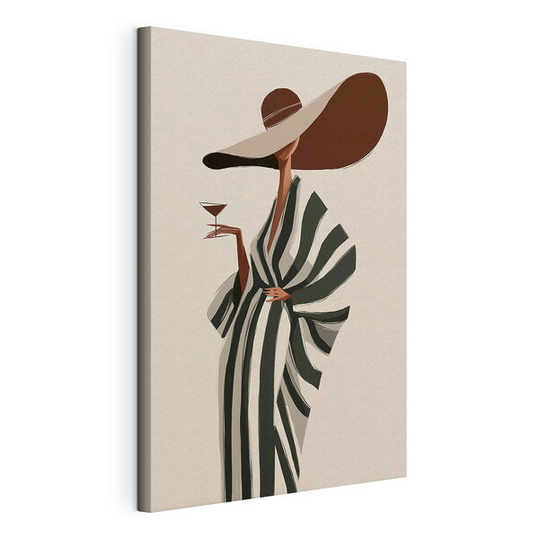 Stampa su tela Stampa su tela Donna con un cappello e un grande cappello che tiene in mano un bicchiere di vino (COD: s49633)