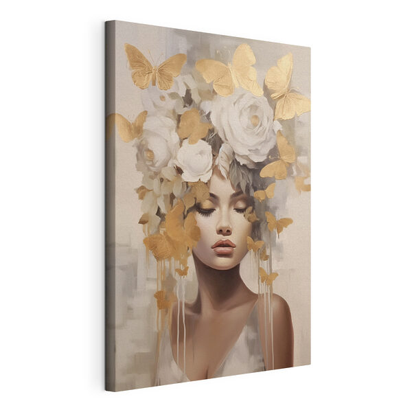 Dipinto raffigurante una donna con fiori e farfalle Stampa su tela Dipinto raffigurante una donna con fiori e farfalle