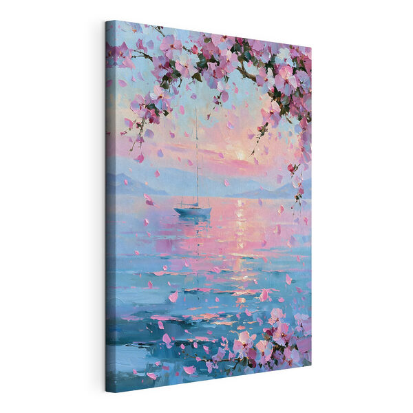 Stampa su tela Dipinto raffigurante una barca a vela su uno specchio d'acqua tranquillo con fiori rosa