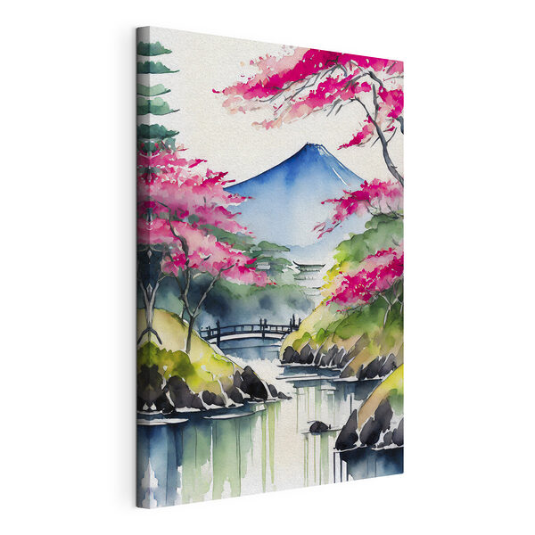 Stampa su tela Acquerello raffigurante una montagna e degli alberi con fiori rosa (COD: s36691) Stampa su tela Stampa su tela Acquerello raffigurante una montagna e degli alberi con fiori rosa (COD: s36691)