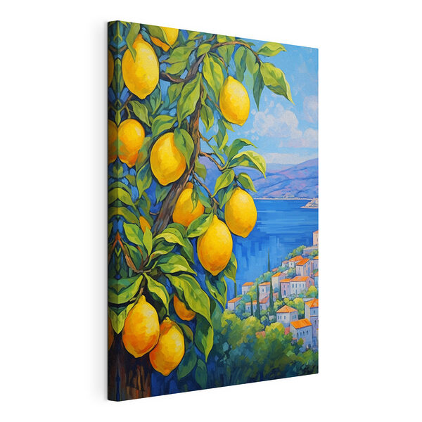 Stampa su tela Dipinto raffigurante un albero di limoni con una città sullo sfondo