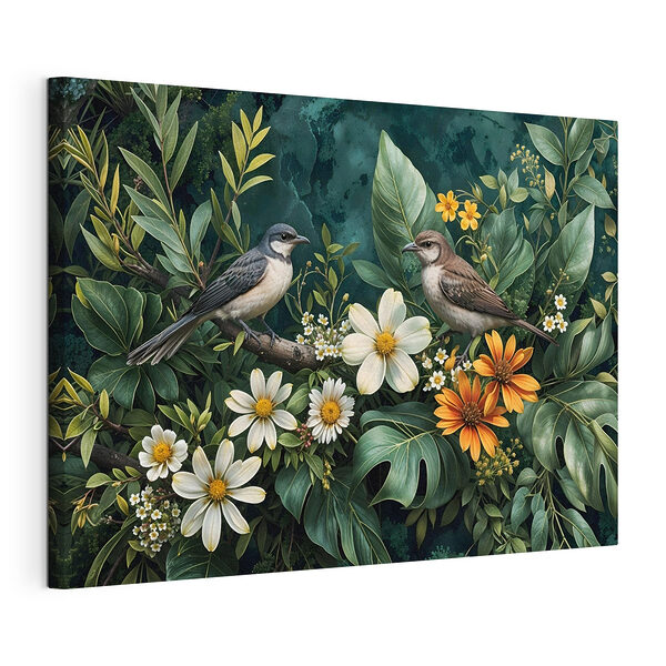 Uccelli su un ramo con dei fiori Stampa su tela Uccelli su un ramo con dei fiori