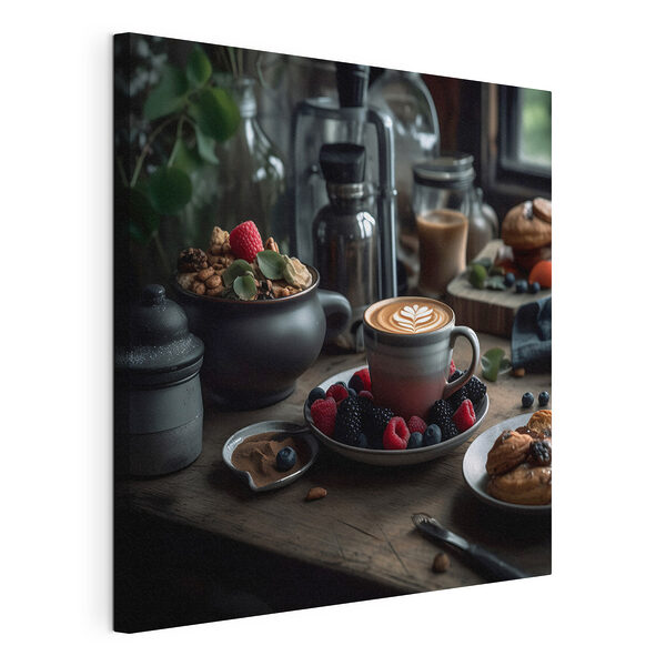 Una tazza di caffè con un disegno di latte art su un piatto con frutta e cereali Stampa su tela Una tazza di caffè con un disegno di latte art su un piatto con frutta e cereali