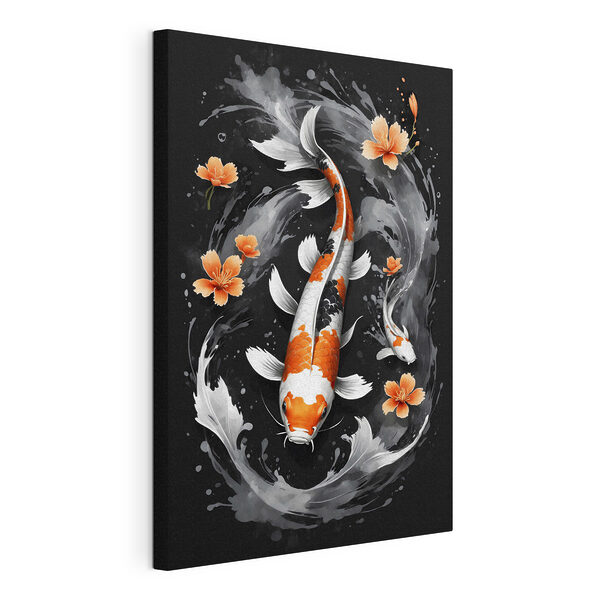 I pesci koi nuotano tra i fiori d'arancio Stampa su tela I pesci koi nuotano tra i fiori d'arancio