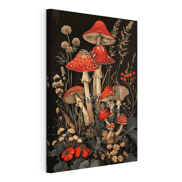 Stampa su tela Funghi dal cappello rosso in un contesto floreale
