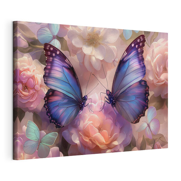 Le farfalle danzano tra i fiori dai colori pastello Stampa su tela Le farfalle danzano tra i fiori dai colori pastello