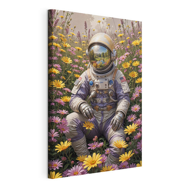 Stampa su tela Astronauta seduto in un campo di fiori