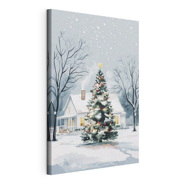 Albero di Natale davanti a una casa Stampa su tela Albero di Natale davanti a una casa