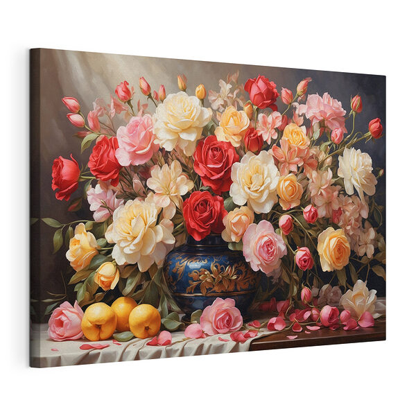 Stampa su tela Vaso con fiori e frutta