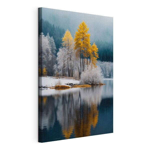 Stampa su tela Lago con alberi e neve