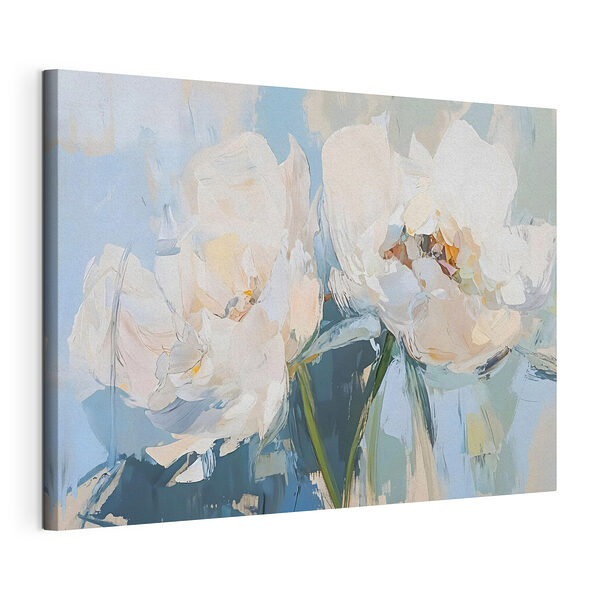 Stampa su tela Dipinto raffigurante dei fiori su sfondo blu