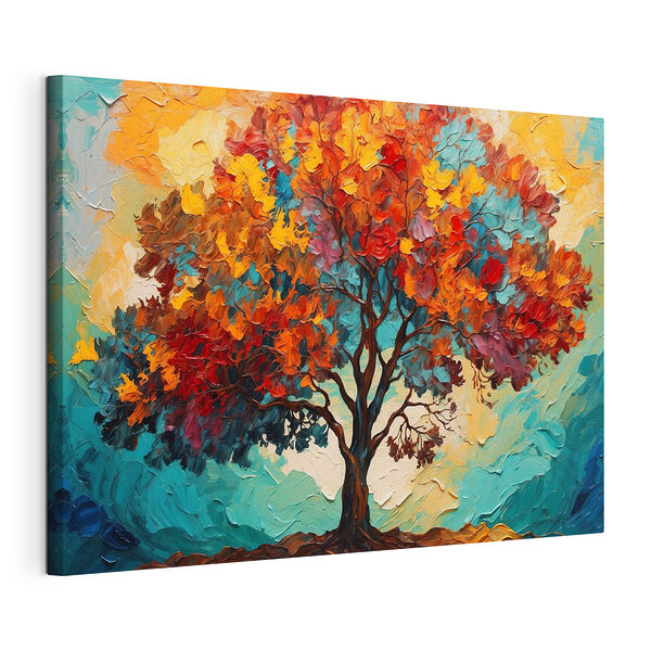 Stampa su tela Dipinto raffigurante un albero con foglie colorate